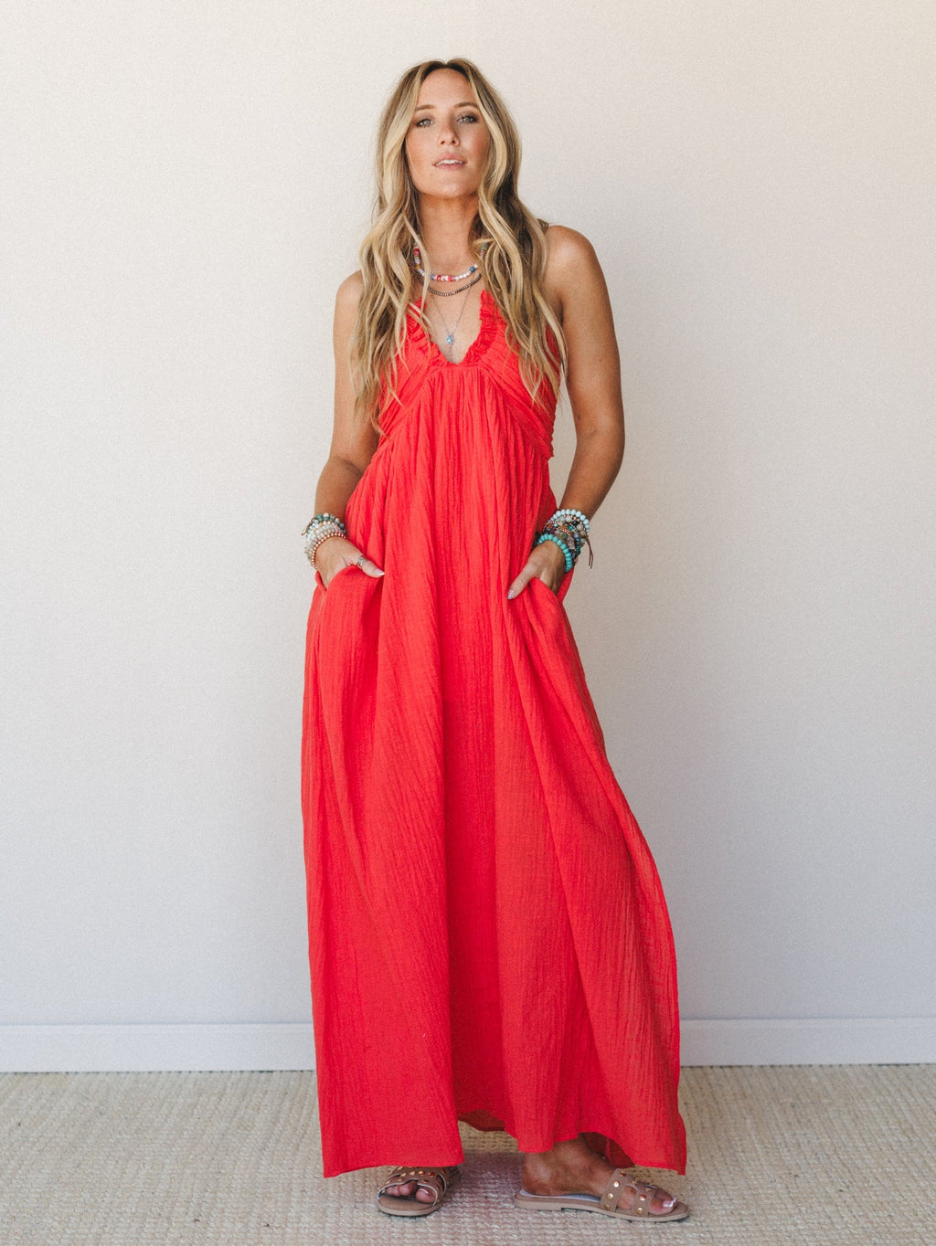 Cityscape Halter Maxi Dress - Cherry Tomato - Pre Order