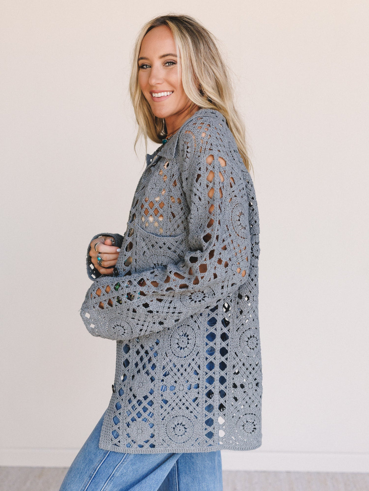 Marisela Crochet Button Down Top - Gray