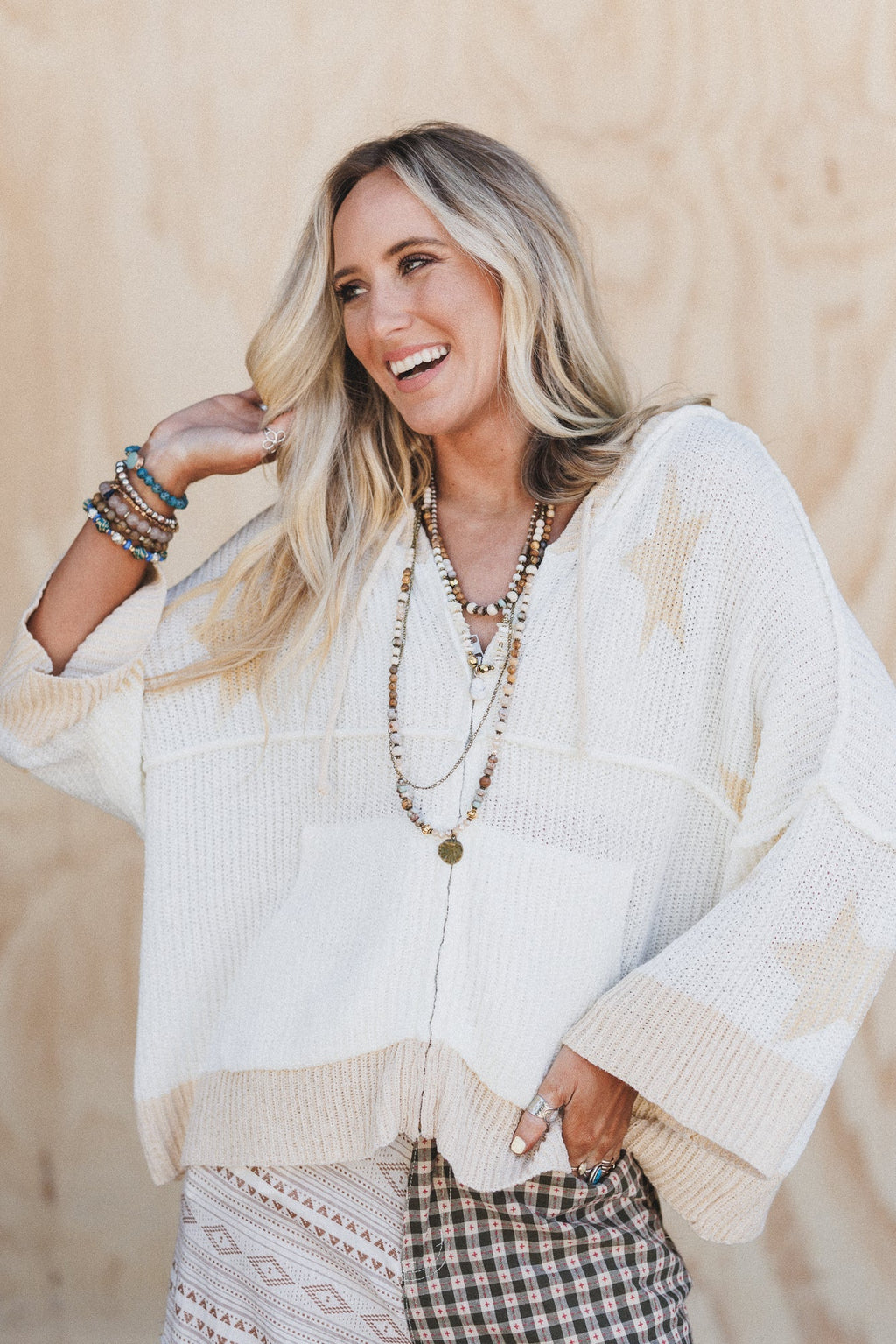 Casual Stars Zip Up Hoodie - Ivory