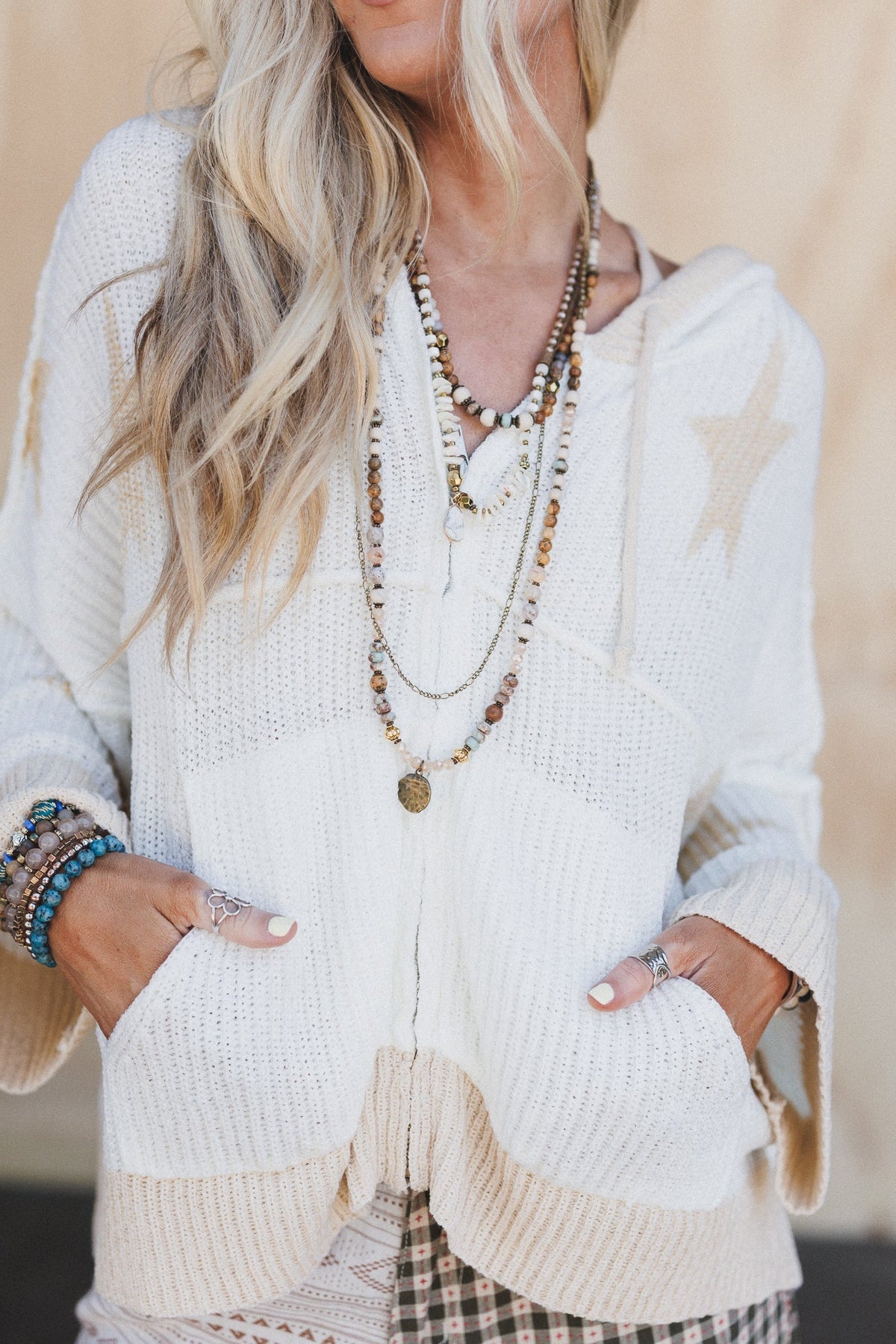 Casual Stars Zip Up Hoodie - Ivory