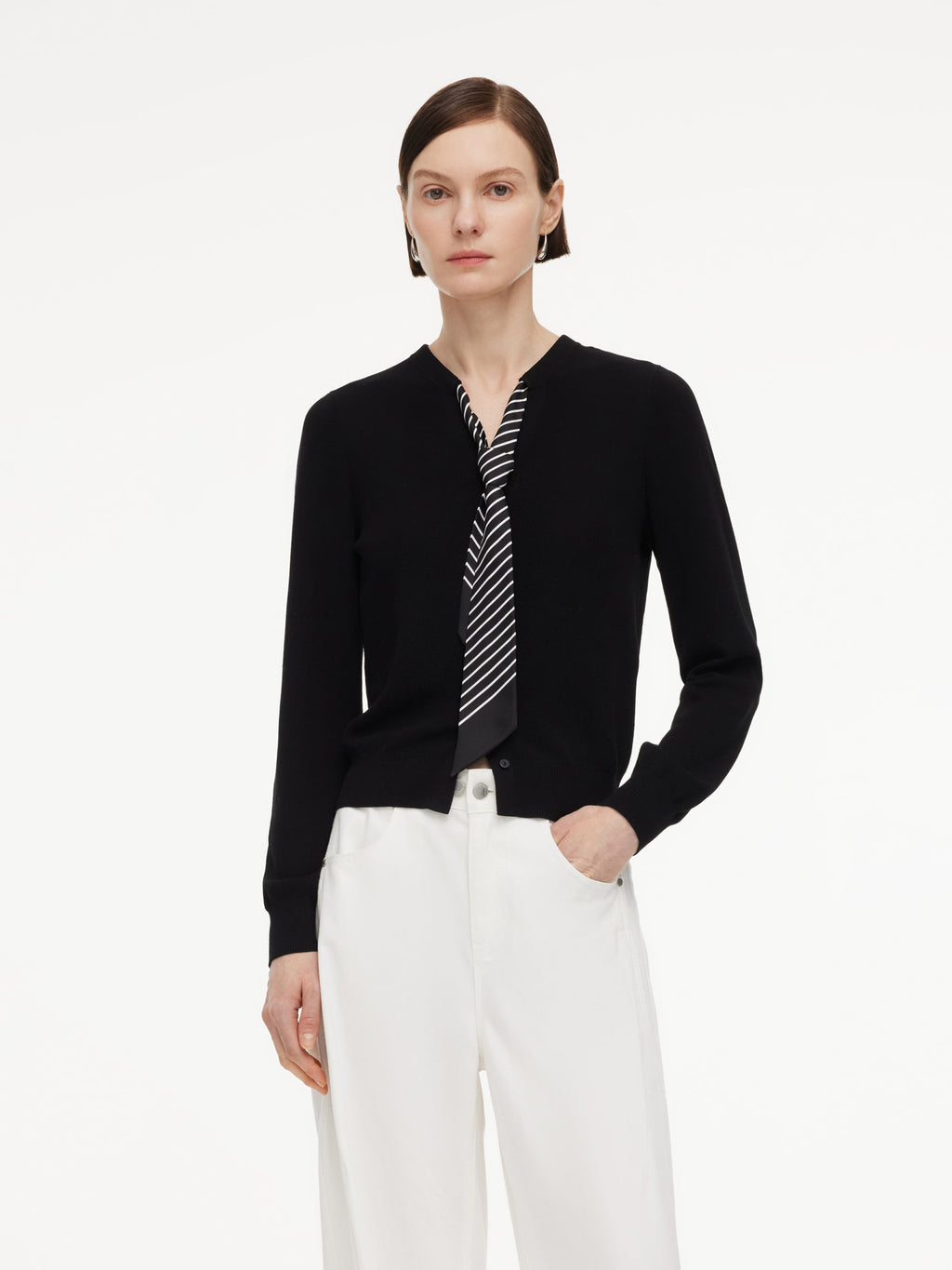 Tencel Blend V-Neck Women Cardigan With Silk Scarf