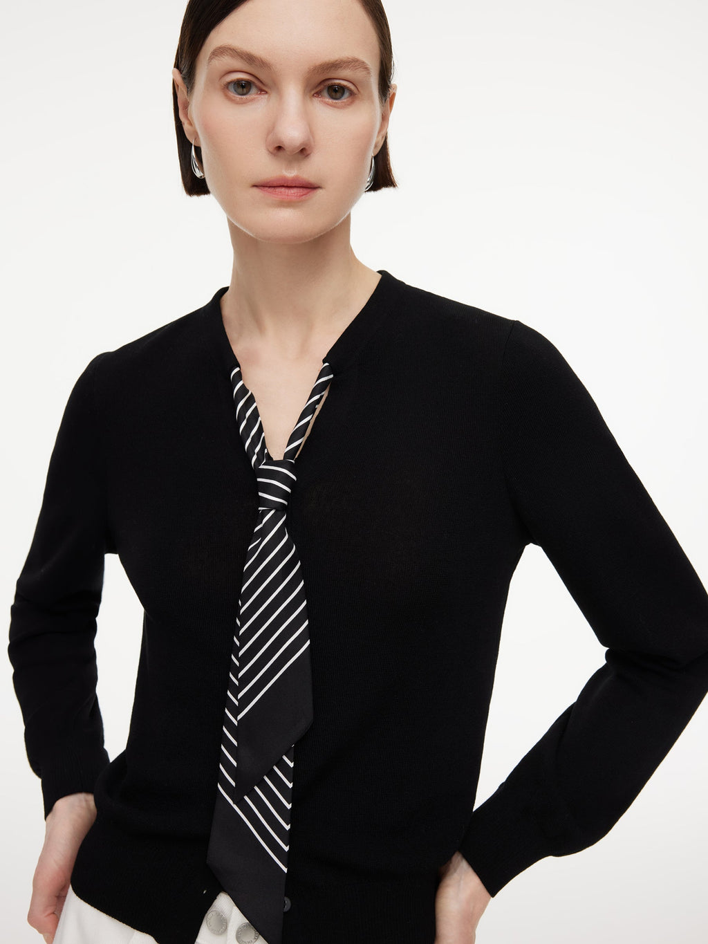 Tencel Blend V-Neck Women Cardigan With Silk Scarf
