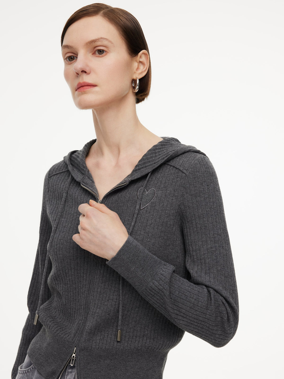 Wool Blend Heart Embroidered Women Hooded Cardigan