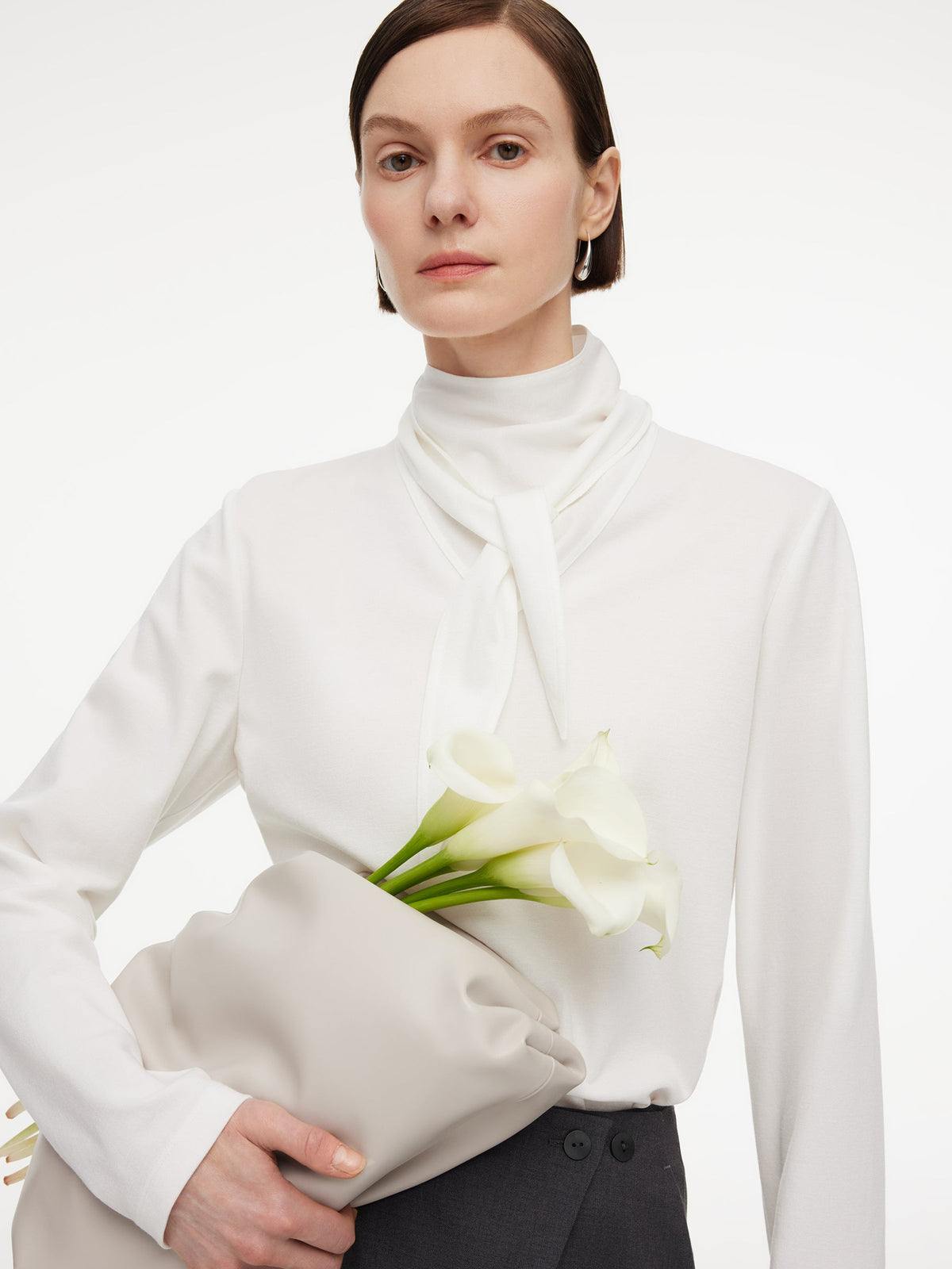 Triacetate Tencel Blend Tie Neck Women Knit Top