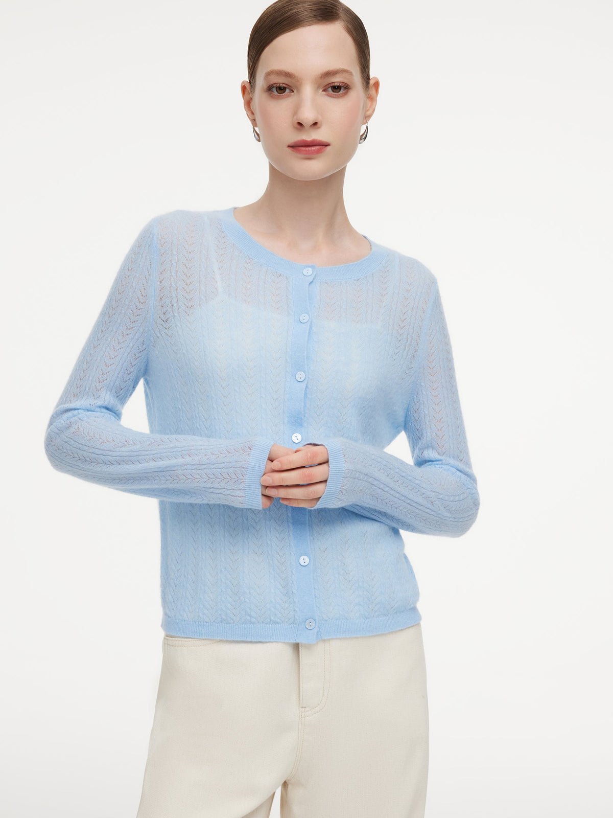 Alpaca Wool Lyocell Blend Women Lightweight Open-Knit Cardigan