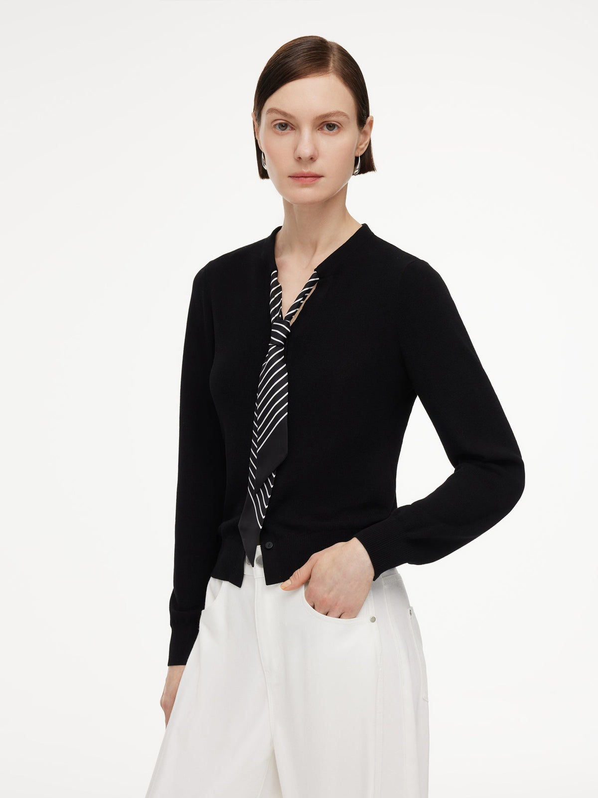 Tencel Blend V-Neck Women Cardigan With Silk Scarf