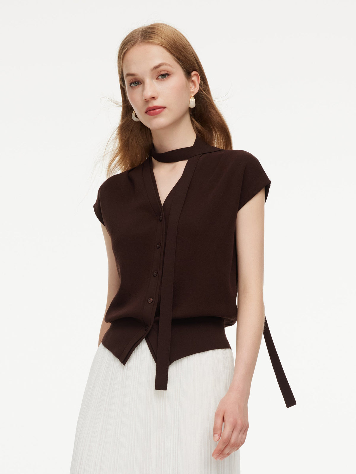 Lyocell Blend V-Neck Women Cardigan With Ribbon