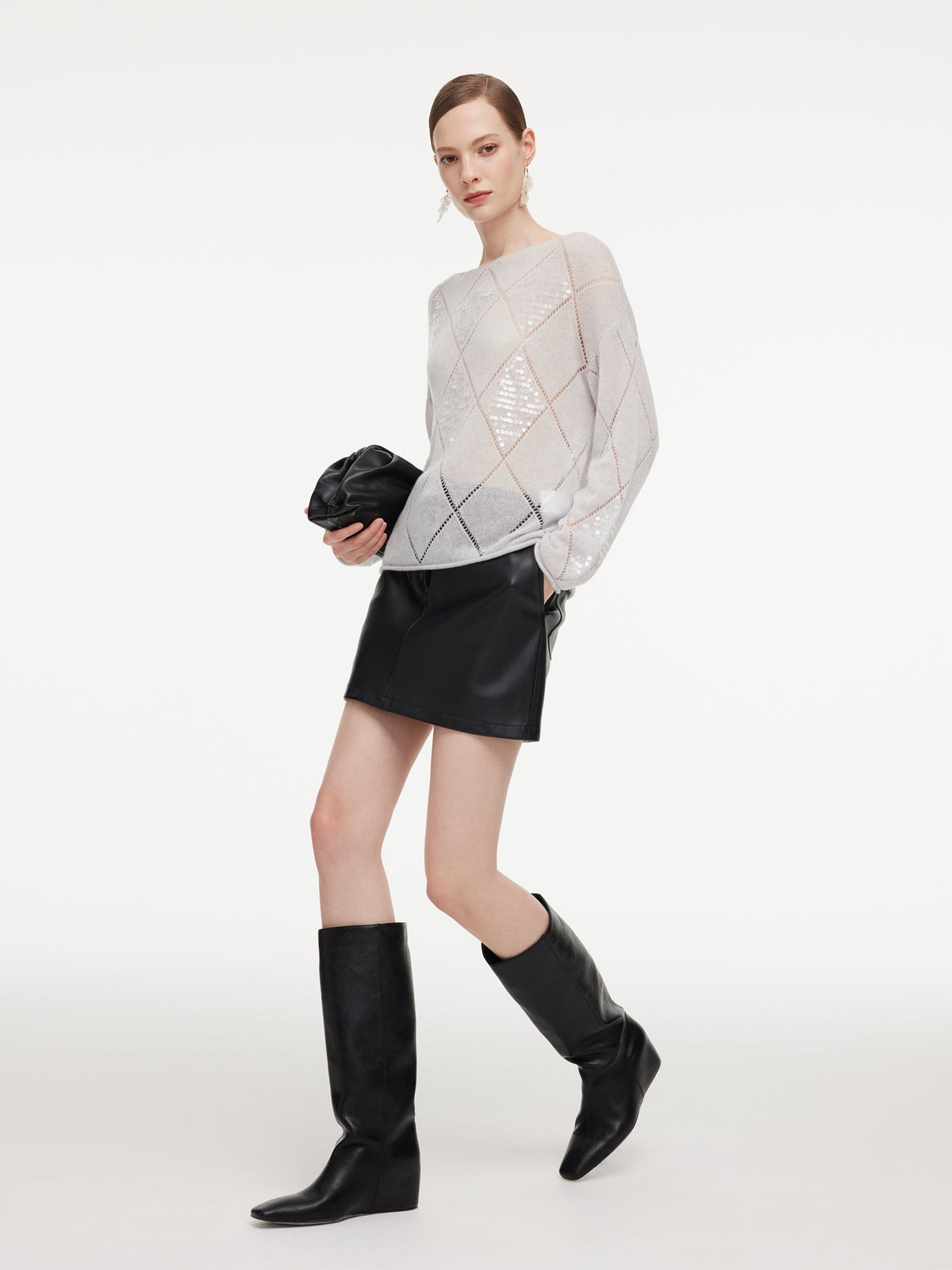 Lyocell Wool Cashmere Blend Sequins Women Open-Knit Sweater