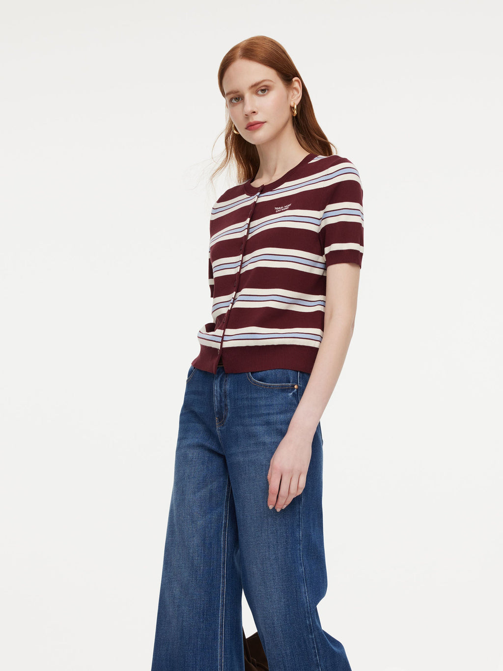 Tencel Blend Multicolored Stripe Letter Embroidered Women Cardigan