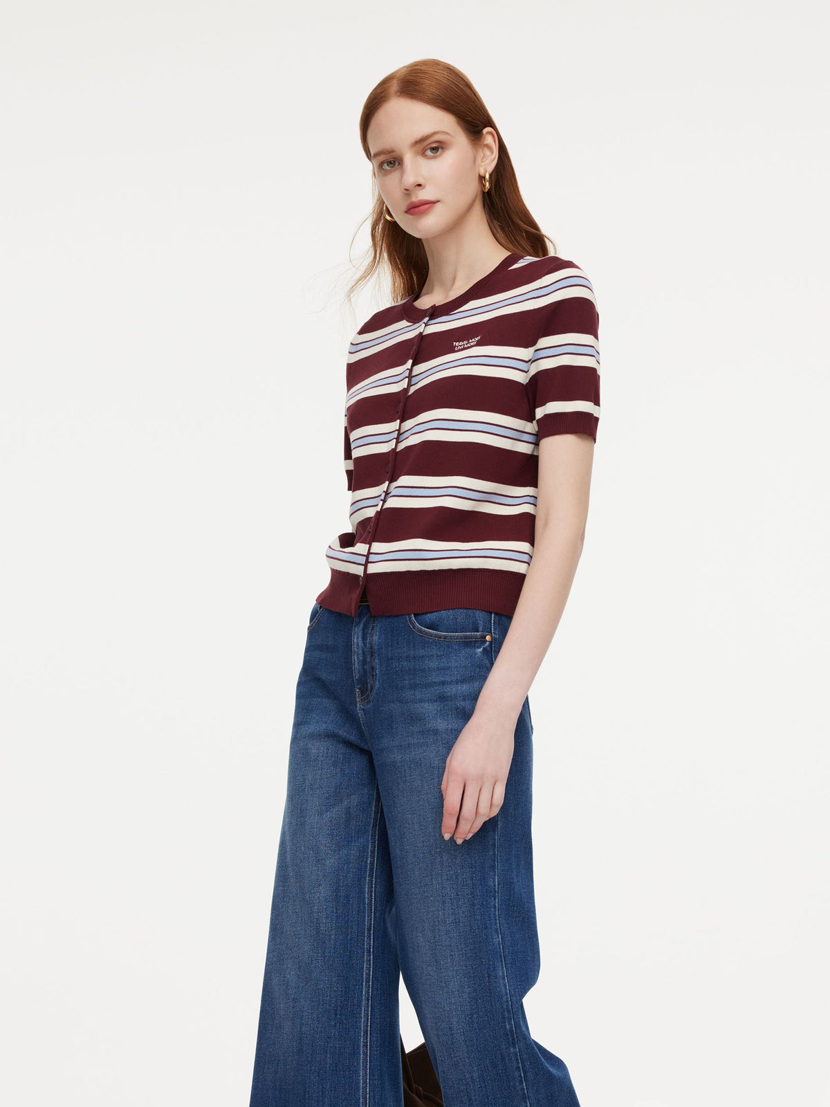 Tencel Blend Multicolored Stripe Letter Embroidered Women Cardigan