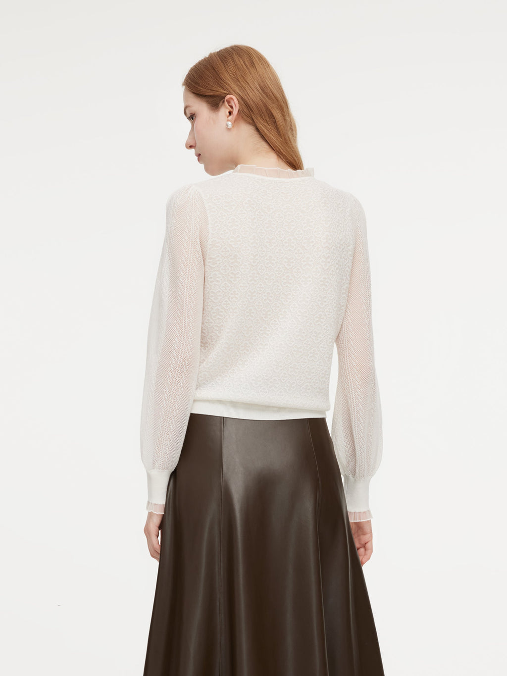 Jacquard Ruffle Neck Women Knit Top