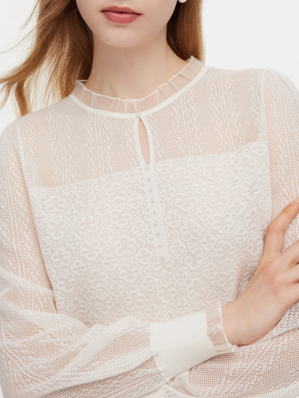 Jacquard Ruffle Neck Women Knit Top