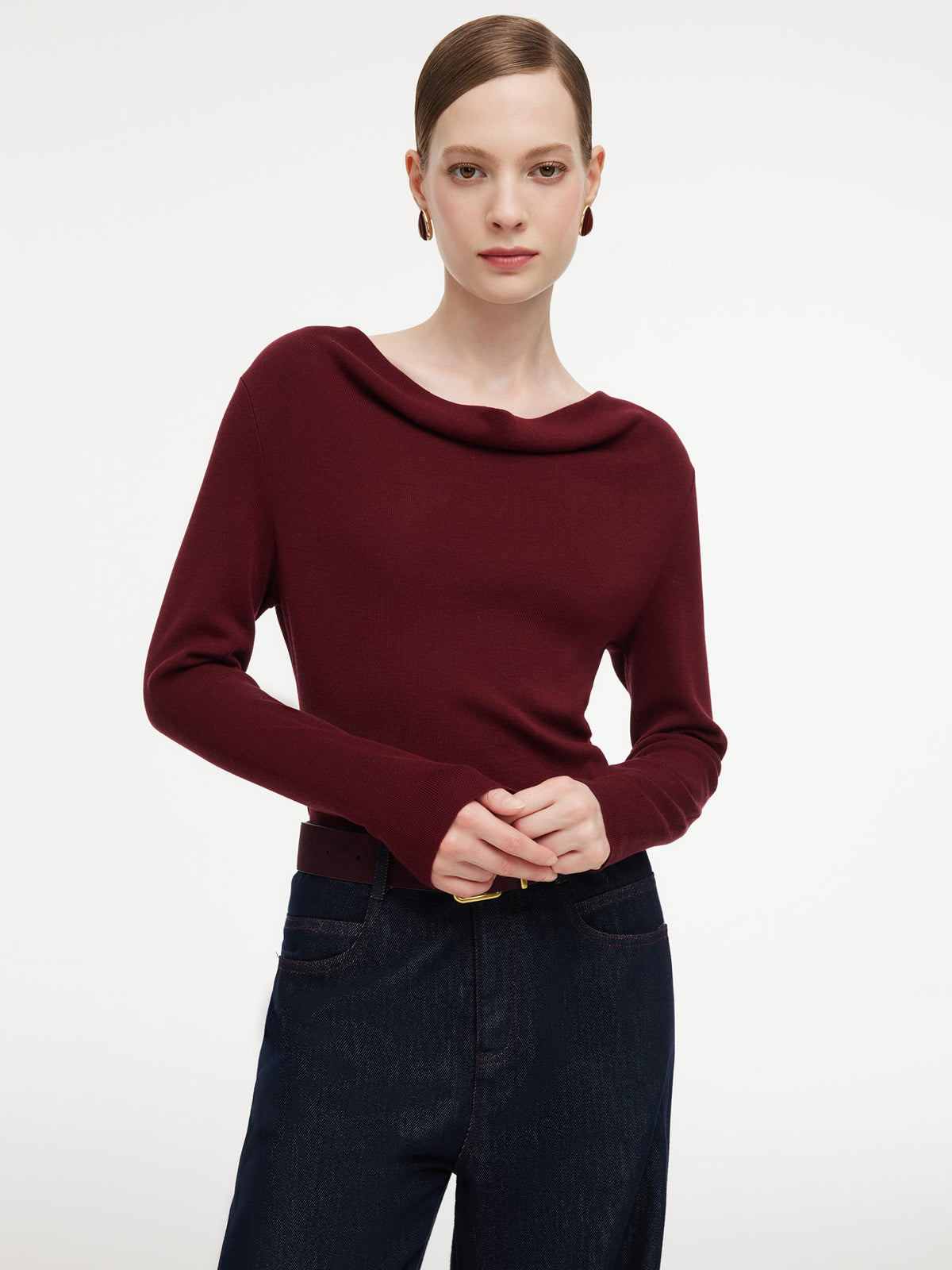 Tencel Wool Blend Cowl Neck Women Knit Top With Ribbon