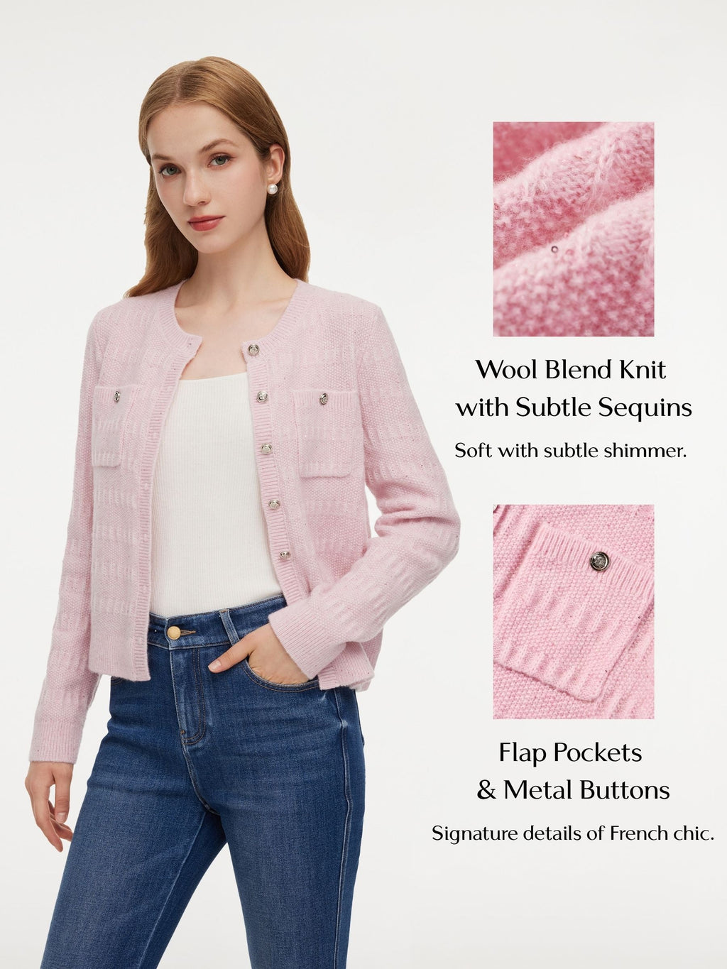 Wool Blend Round Neck Sequins Women Cardigan