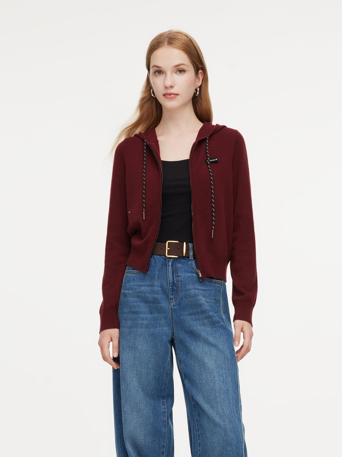 100% Wool Zip-Up Women Knit Hooded Cardigan