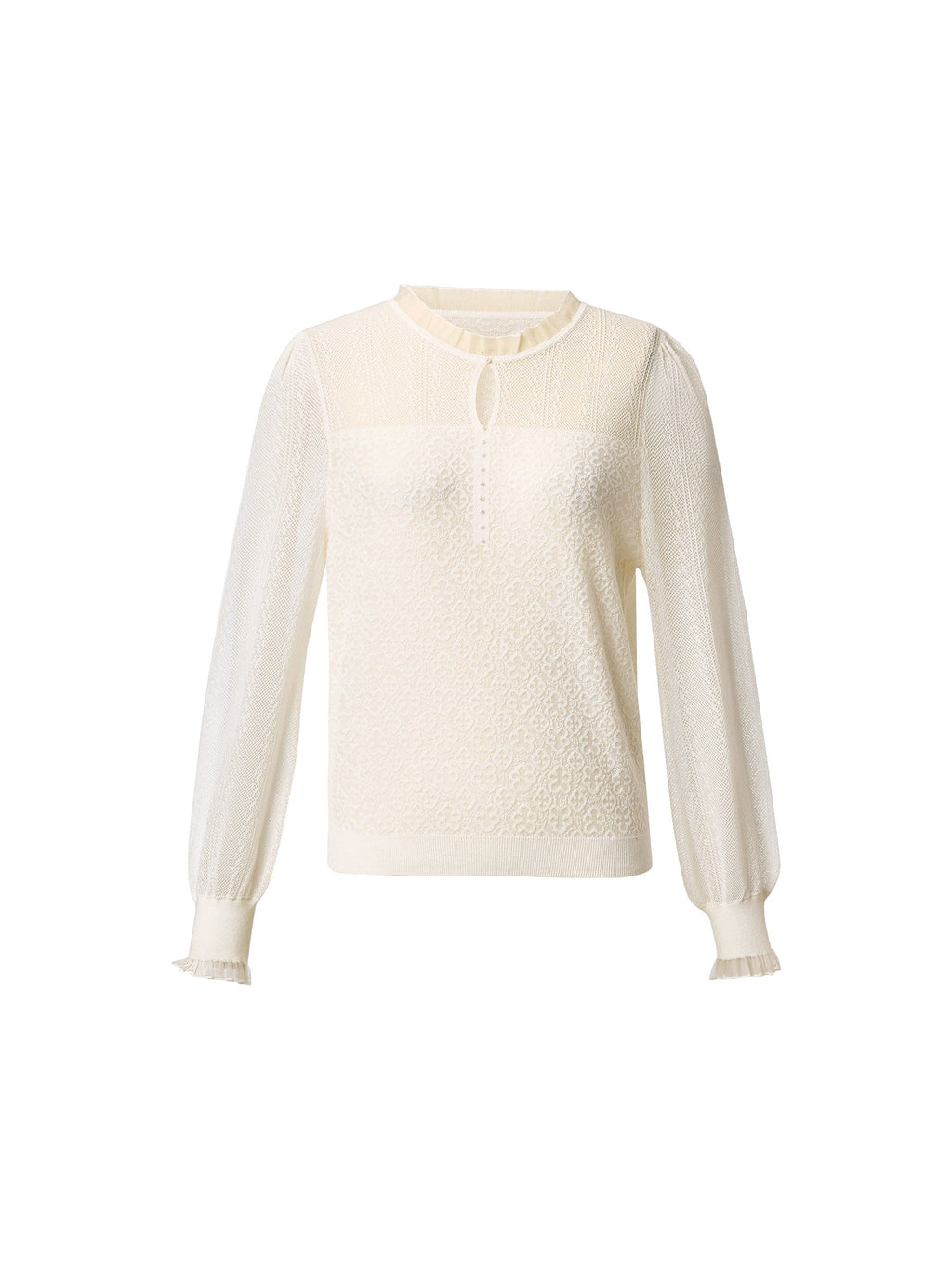 Jacquard Ruffle Neck Women Knit Top