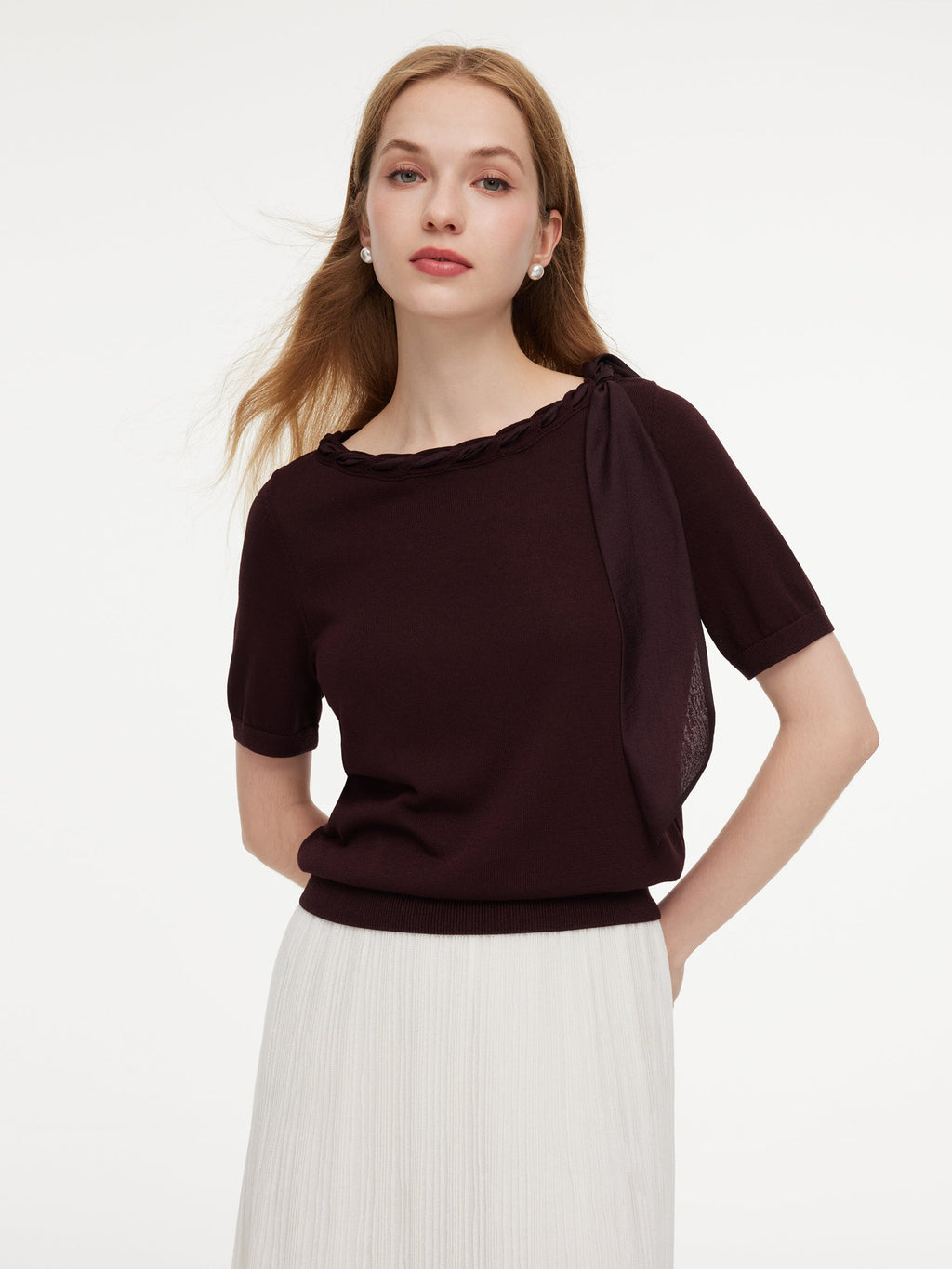 Lyocell Blend Ribbon Boat Neck Women Knit Top