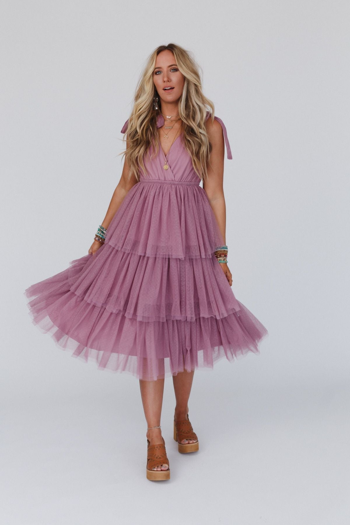 Boho Ballerina Tiered Tulle Dress - Mauve - Pre Order