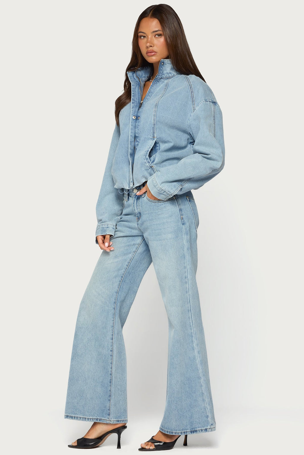 Jaysi High Neck Denim Bomber Jacket