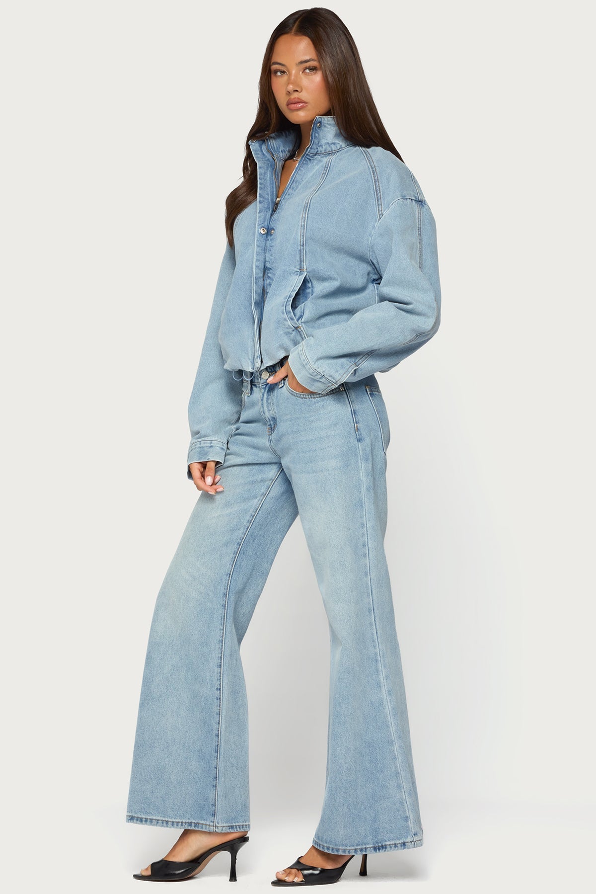 Jaysi High Neck Denim Bomber Jacket
