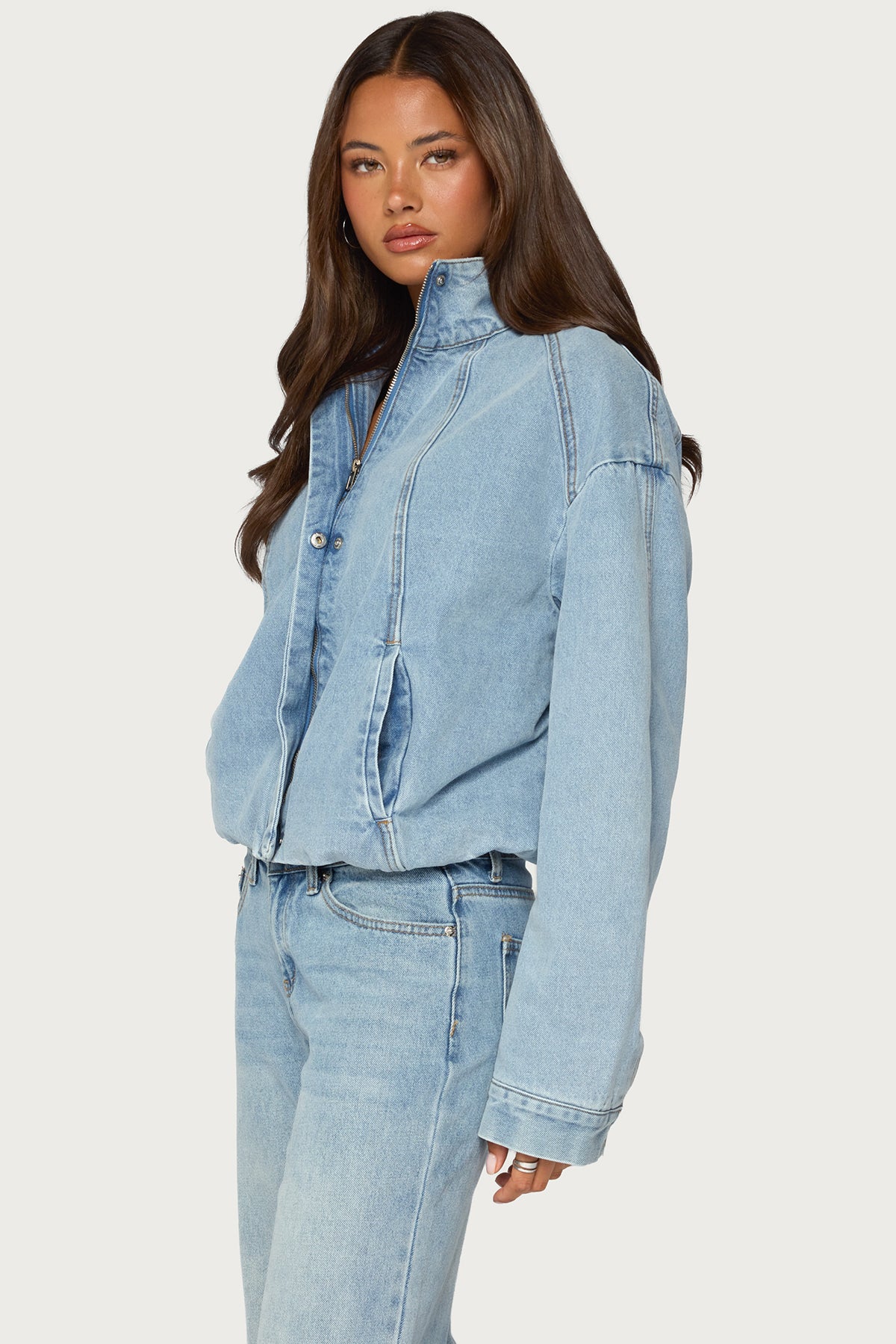 Jaysi High Neck Denim Bomber Jacket