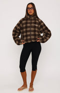 We're Not Working Zip Front Fleece Jacket Brown Print