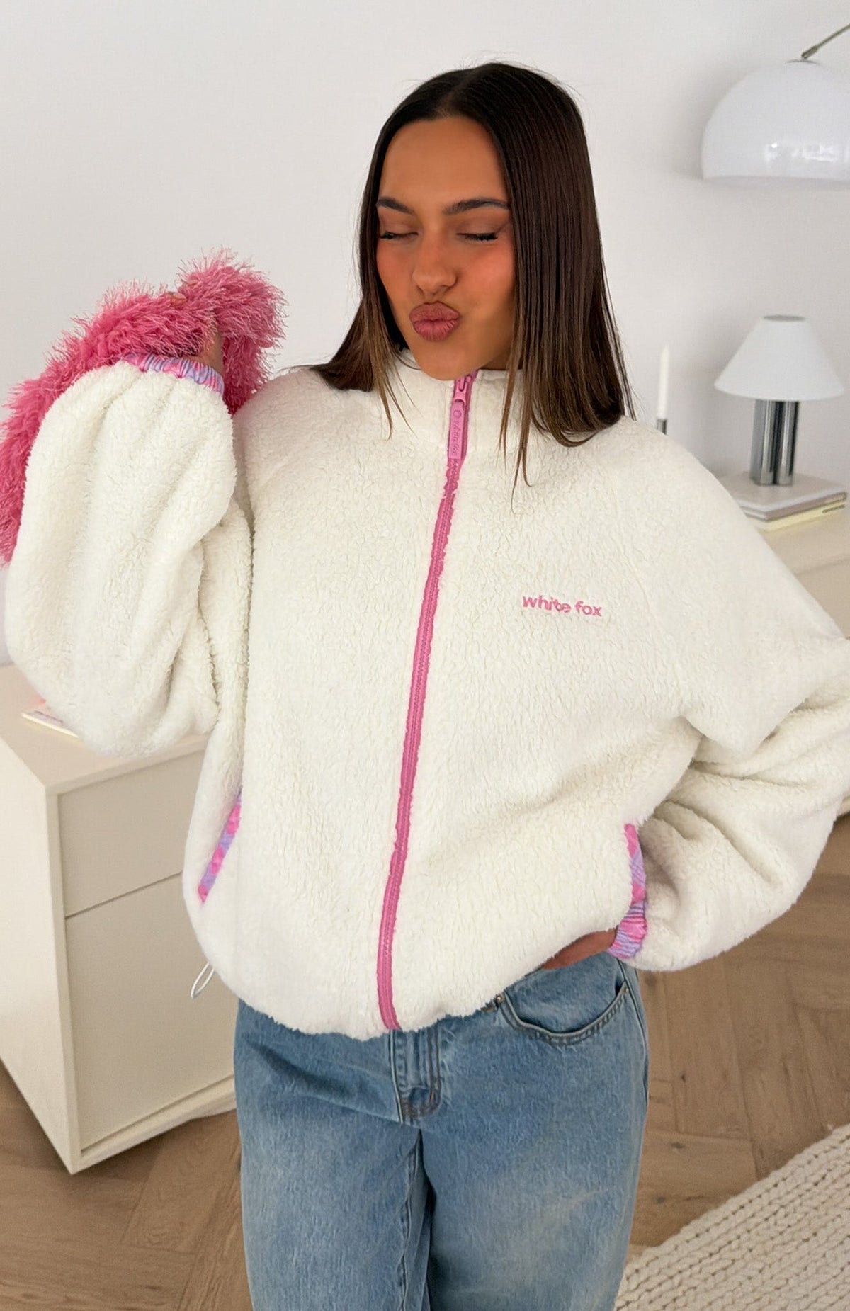 We're Not Working Zip Front Fleece Jacket Cream