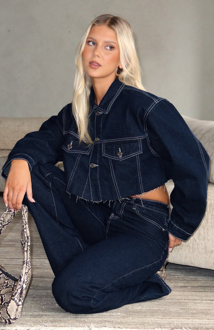 Something To Prove Cropped Denim Jacket Dark Indigo Wash