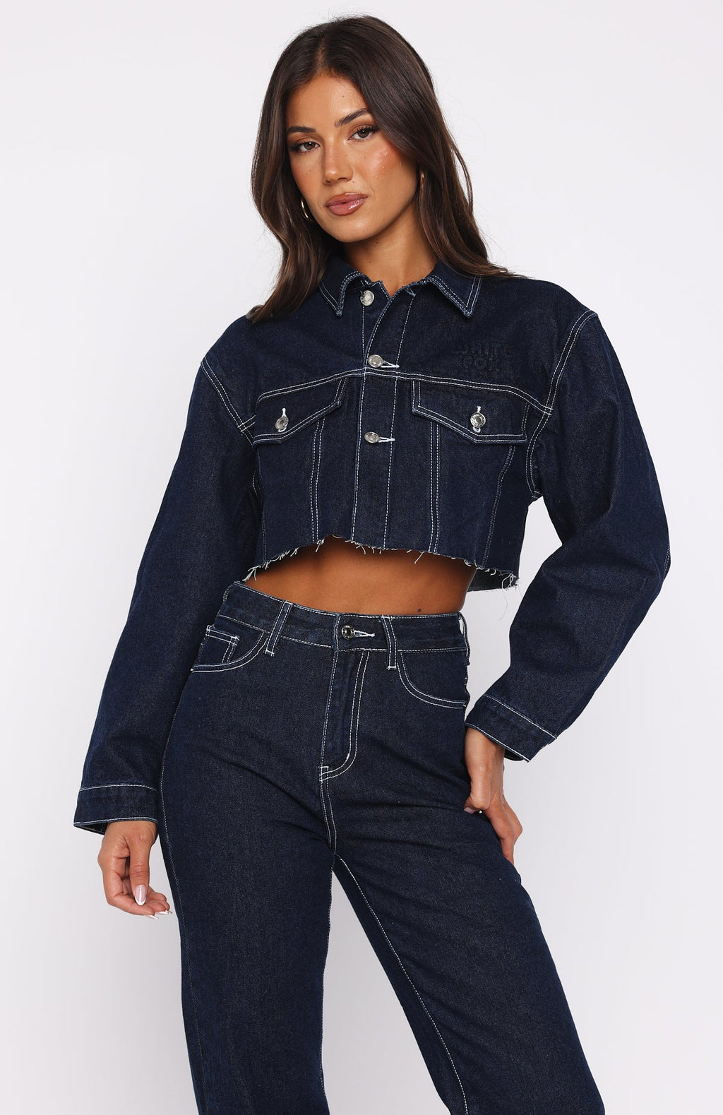 Something To Prove Cropped Denim Jacket Dark Indigo Wash